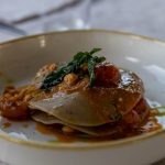 Lasagnetta di pasta alle olive nere con ragù di pescatrice e basilico*